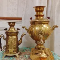 سماور شش لیتری و کتری شکاری برنجی زغالی