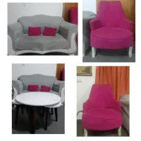 مبل 7 نفره  طوسی صورتی  دارای میز عسلی