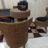 میز صندلی حصیری  با شیشه ۶میل