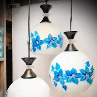 آکبند لوستر آویز سه شعله حباب زنبق آبی قابل تنظیم