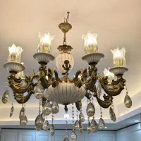 لوستر ۸ شاخه برنجی برنزی سرامیکی با لاله و آویز|لوستر و چراغ آویز|هشتگرد, فاز ۱ مهستان|دیوار