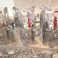 دو دست استکان پیوتر همراه سینی و قندان