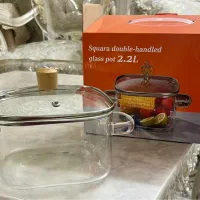 ظرف مربعی شیشه ای دستگیره چوبی