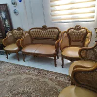 مبل قدیمی حصیری تمام چوب و چرم آنتیک