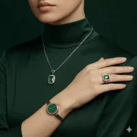 ست زنانه ساعت و گردنبند و انگشتر مدل زمرد-نقره ای