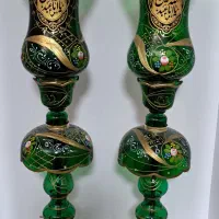 شمعدان شیشه ای جفتی مذهبی با طلاکوب و نقاشی زیبا|صنایع دستی و سایر لوازم تزئینی|تهران, ائمه اطهار|دیوار