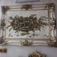 تابلو بزرگ پلی استر ، به رنگ کرم و گل طلایی