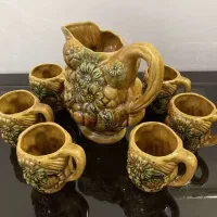 پارچ و لیوان سفالی قدیمی طرح گل و میوه