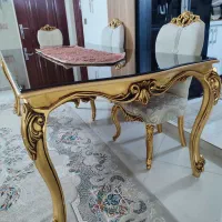 میز غذاخوری ۸نفره چوب راش ورق طلا