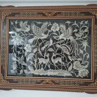 تابلو قلم زنی مرغ و گل با قاب خاتم کاری اصفهان