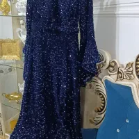 لباس مجلسی پولکی سرمه‌ای کار شده
