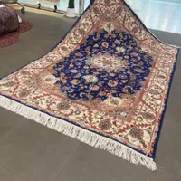 فرش دستباف ابی لاجوردی گل ابریشم جفتش ۷۵ ت نو