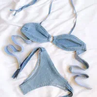 ست شورت و سوتین زنانه فانتزی جین نگیندار گره