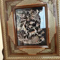 تابلو قلم زنی مسی با قاب خاتم کاری