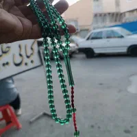 تسبیح  دنباله دار سبز آبی ، کهربا سفارشی مهر دار