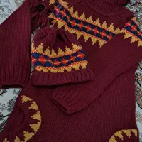 بافت یقه شل با کلاه و شال ست