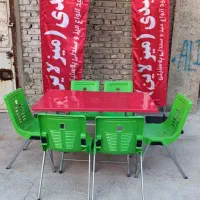 ست میزو صندلی پلاستیکی 6 نفره پایه فلزی