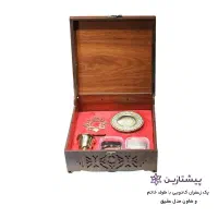 پک زعفران کادویی با ظرف خاتم و هاون مدل عقیق