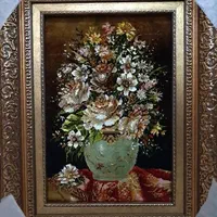 تابلوفرش دستبافت/ تابلو فرش گل گلدان زیتونی رنگ