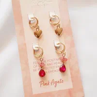 گوشواره حلقه ای آویزدار دوتایی عقیق صورتی/ارغوانی|بدلیجات|خرم‌آباد, |دیوار