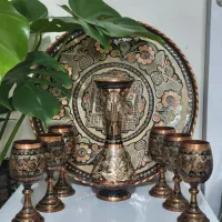 ست دوغ خوری سنتی مسی جام و لیوان و سینی سیاه قلم