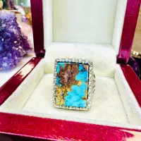 انگشتر فوق لوکس سنگ فیروزه آبی شجری طلایی نیشابوری|بدلیجات|تبریز, |دیوار