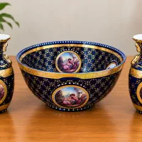 ست ظروف تزئینی سرمه‌ای و طلایی