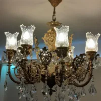 لوستر تمام برنز ۸ شاخه کلاسیک با لاله های کریستال|لوستر و چراغ آویز|لواسان, |دیوار