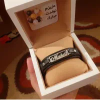 دستبند چرم با پلاک نقره مهدی