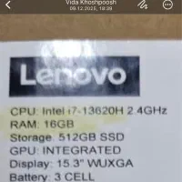 لپتاپ لنوو ۱۶ گیگ رم، ۵۱۲ ssd و ۱۳۶۲۰H i7
