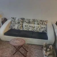 مبل راحتی ۵نفره چرم سفید دور مشکی..