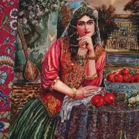 اندازه تابلو دختر اناری54/65 چله نخ رج 50 دستبافت