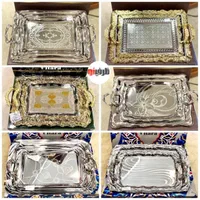 سینی پذیرایی سرویس سینی جُفتی 2عددی استیل و طلایی