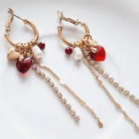 گوشواره حلقه ای آویزدار مروارید و قلب نگینی