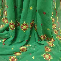 پارچه حریر نخی گل خامه ای سبز رنگ
