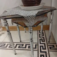 میز عسلی دوتایی شیشه ای  پایه استیل