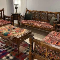 ست مبل ۷نفره چوبی+تخت چوبی+عسلی و میز وسط