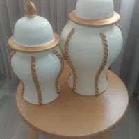 ست ۲ تکه گلدان دکوری سفید و طلایی