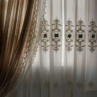 پرده کتان با کناره های گیپور و مروارید دوزی شده|پرده، رانر، رومیزی|اندیشه, اندیشه فاز ۵|دیوار