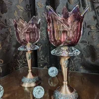 شمعدان مسی تراش خورده با لاله زرشکی خارجی|صنایع دستی و سایر لوازم تزئینی|تهران, پونک|دیوار