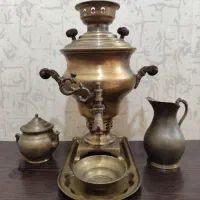 سماور زغالی برنجی یک لیتری همراه با سرویس