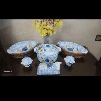 ظروف گل پنبه، قاشق ، سینی ، ارکوپال و ساعت