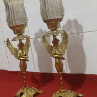 شمعدان برنزبرنجی سه جفت قدیمی باشیشهای اصل کریستال|لوستر و چراغ آویز|قرچک, زیبا شهر|دیوار