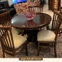 میز ناهارخوری گرد چوبی همراه ۶ عدد صندلی