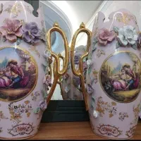 جفت کاپ گلدان چینی گل برجسته انتیک