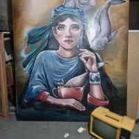 تابلو رنگ روغن دختر و‌ ماهی
