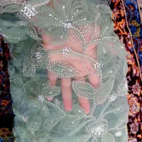 لباس کردی سبز ابی گل برجسته