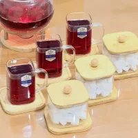 لیوان و قندان پیرکس اصلی و سینی چوبی