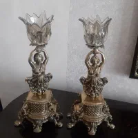 یک جفت شمعدان برنز و لاله کریستال