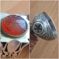 ۲ انگشترنقره جزع سرخ یمنی خطی رکاب شبکه و۱۴حرزکهنه